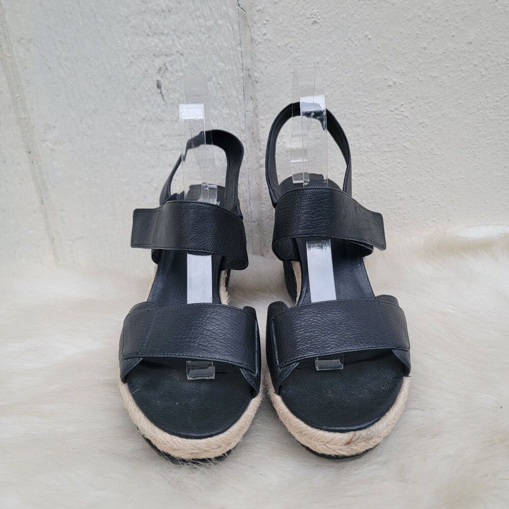 Eileen Fisher Winnie Leather Espadrille Wedge Sandals Size 10 Black